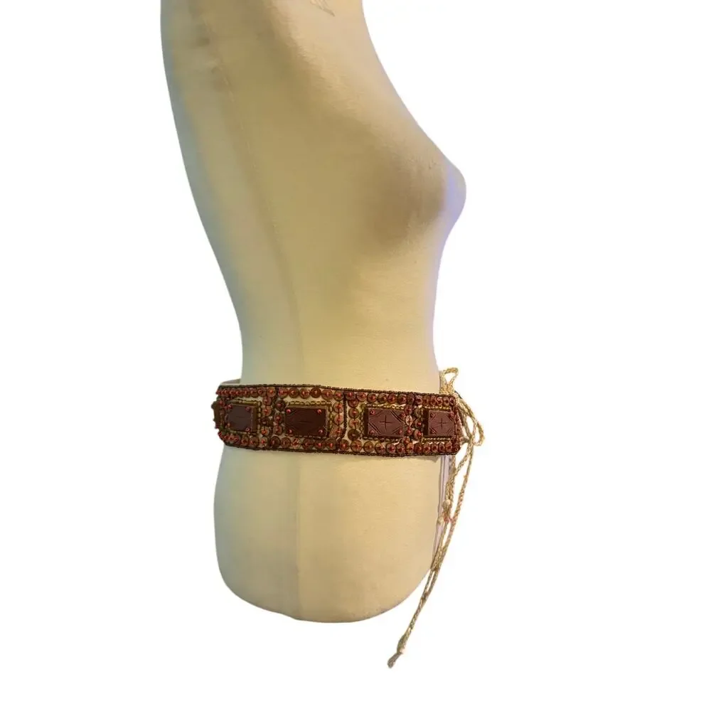 Boho handmade Beaded Wood Square Accent Wide Waist Belt Tie Sash Women 31.5